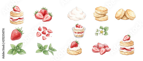 Strawberry shortcake watercolor clip art set with biscuits, whipped cream, fresh berries, sliced fruit, mint leaves, and flowers isolated on black background for baking recipes and dessert menu design