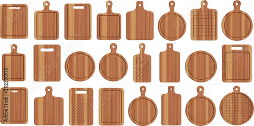 Set of kitchen wooden cutting boards for cooking preparation with various shapes and sizes isolated on transparent background.