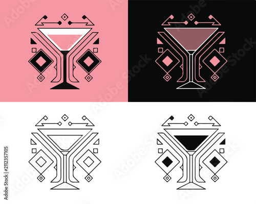 Set of four elegant cocktail glass logos with geometric pattern elements on different color backgrounds.