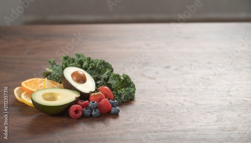 Fresh fruit and vegetables on a wooden table in a kitchen setting during daytime