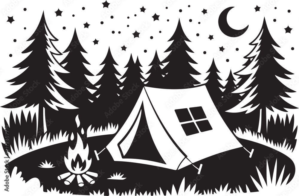 Obraz premium Night camping scene silhouette featuring outdoor tent near bonfire under starry sky with crescent moon and pine forest landscape.