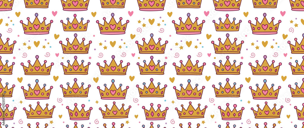 Fototapeta premium Seamless pattern of golden crowns with pink hearts and glittery gold stars on white background.