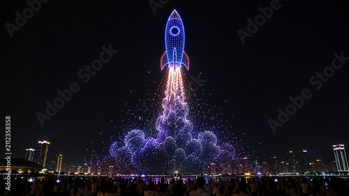 Rocket Drone Light Show Launching Over City at Night