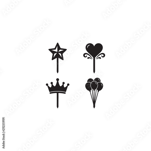 Star, Heart, Crown and Balloon Cake Topper Vector Silhouette Icons Set