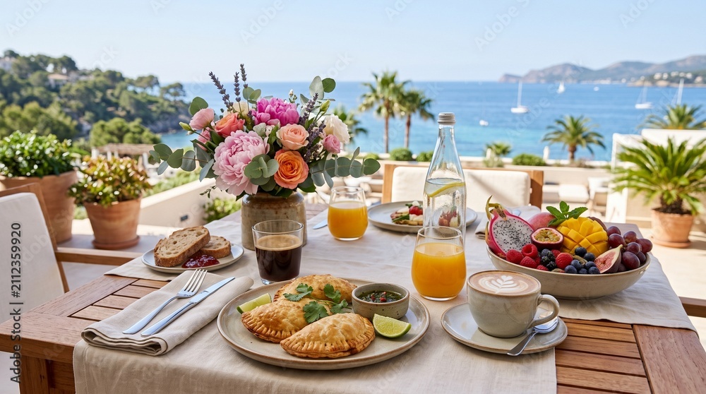 Fototapeta premium Luxury Vegan Breakfast Empanadas with Fresh Fruit Coffee Juice and Ocean View Served on Elegant Mediterranean Terrace for Relaxing Morning Dining