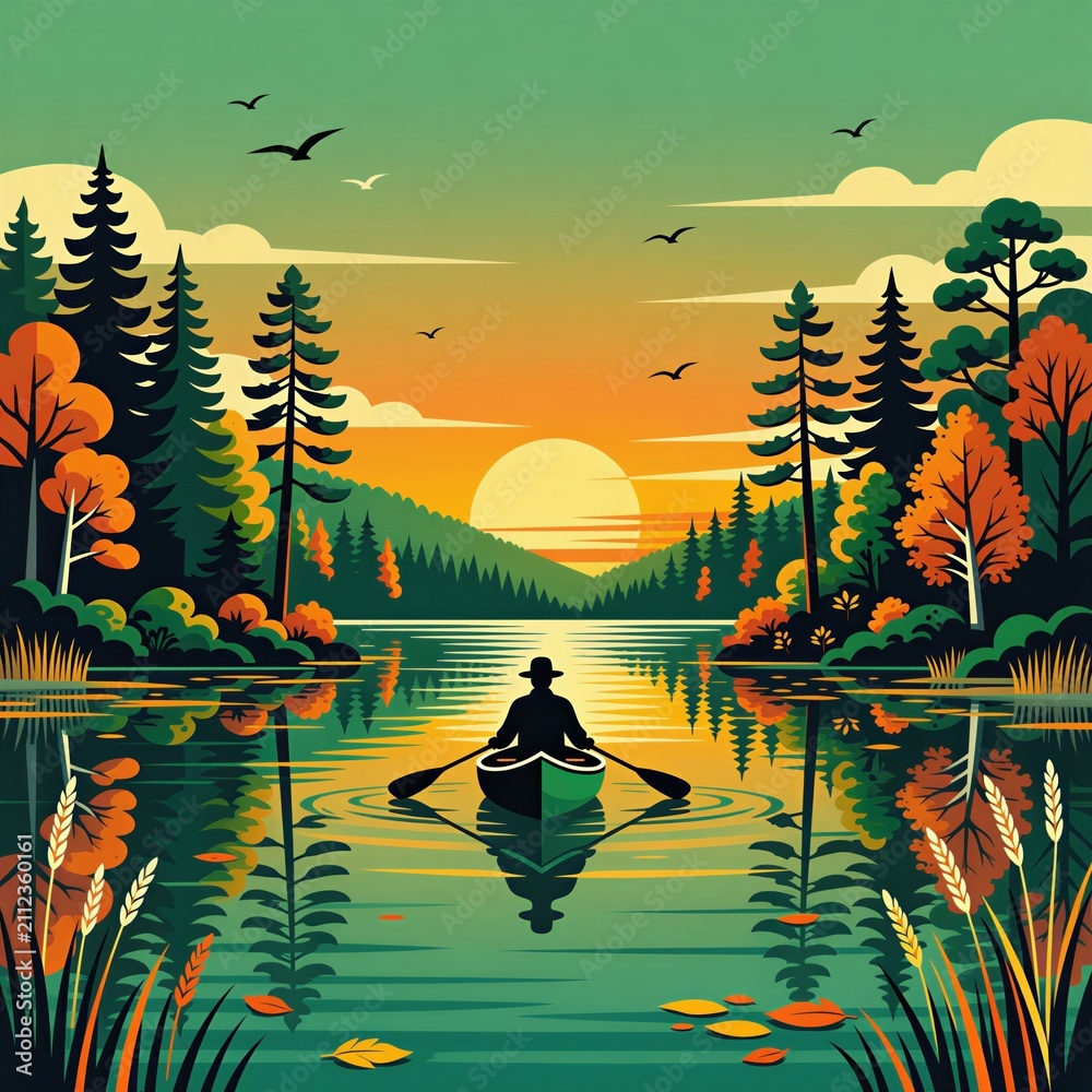 Obraz premium Person in canoe paddles across quiet lake during calm autumn evening. Silhouette of human rows small boat on peaceful water surface surrounded by colorful fall forest trees. Scenic sunset landscape