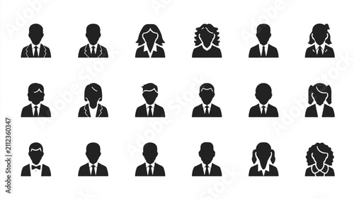 Collection of black silhouette icons representing diverse business people and user avatars.