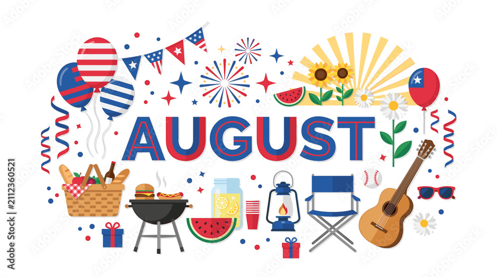 Naklejka premium Festive August Celebration Elements with Summer Picnic Icons and Patriotic Decorations Vector Illustration