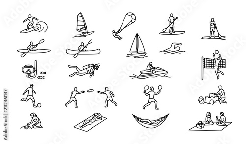 Water Sports and Beach Activity Icon Set Featuring Surfing Kayaking Swimming Sailing and Summer Outdoor Recreation Line Art Vector Illustration