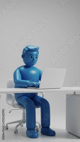 Minimalist 3D Blue Character Sitting at Desk Working on Laptop Computer Animation