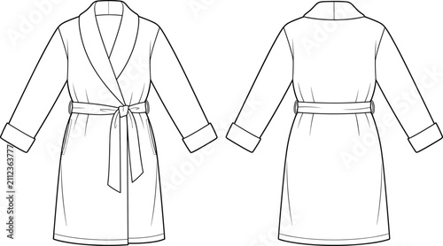 Bild auf Leinwand Women Bathrobe Long Sleeve Shawl Collar Belted Robe Fashion Flat Sketch Technica