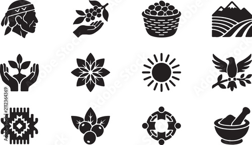 Set of black and white icons representing nature culture and traditional lifestyle elements.