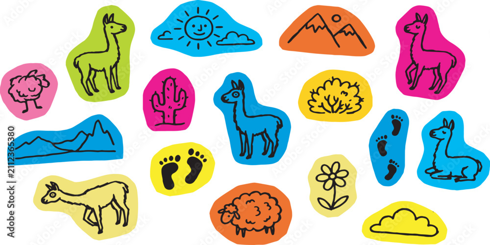 Obraz premium A collection of colorful, hand-drawn stickers featuring llamas, sheep, cacti, mountains, and other nature elements.