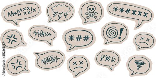 Foto Collection of hand-drawn speech bubbles with symbols representing anger, frustration, and negative emotions