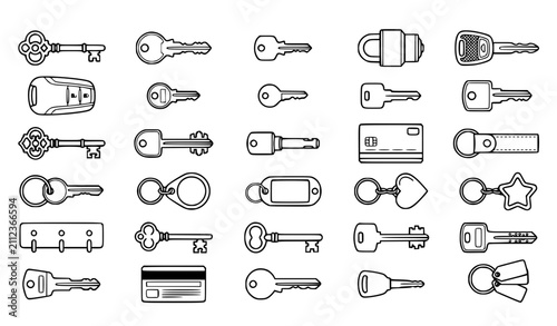 Фотография Black and White Keys and Keychains Vector Collection with Editable Outline Illus