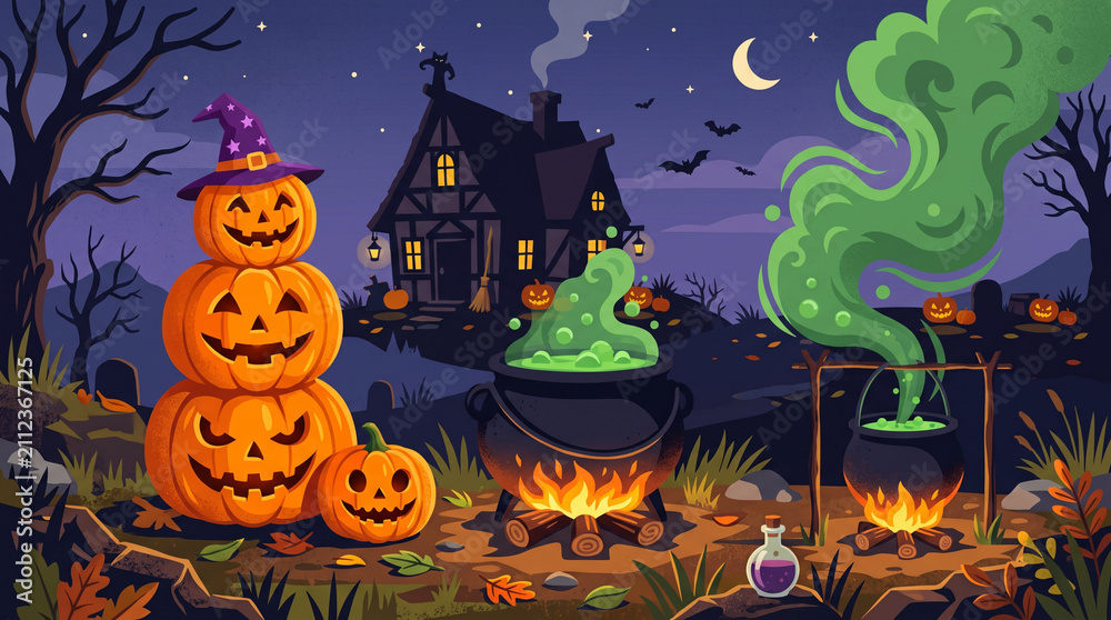 Fototapeta premium Happy Halloween Typography Poster with Jack O Lanterns, Bats, Ghosts and Spiderwebs on Dark Purple Background - Spooky Fun Costume Party Design