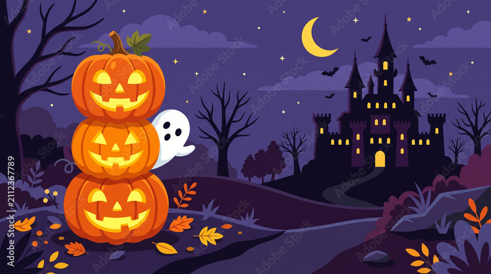 Fototapeta premium Happy Halloween Typography Poster with Jack O Lanterns, Bats, Ghosts and Spiderwebs on Dark Purple Background - Spooky Fun Costume Party Design
