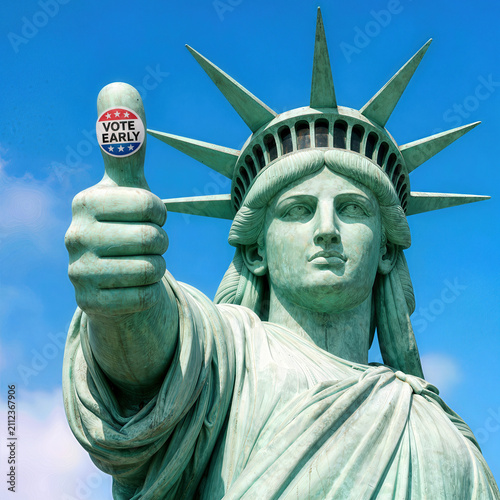 Bright close-up of the Statue of Liberty, proudly displaying an election 