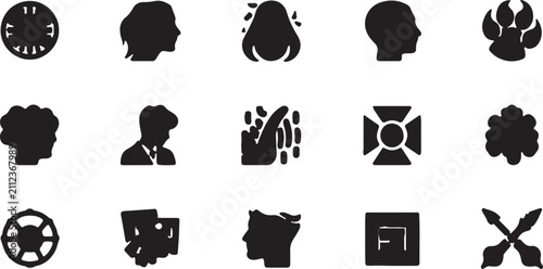Diverse collection of silhouette icons representing people, objects, and abstract concepts.