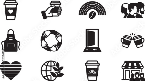 Coffee, Community, and Sustainability Icon Set.