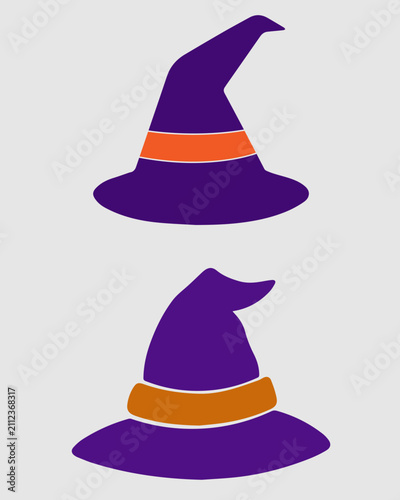 Halloween Witch Hat Vector Set – Purple Magic Wizard Hat with Orange Band, Cute Spooky Costume Cap Clipart for Halloween Party, Trick or Treat, Holiday Decoration