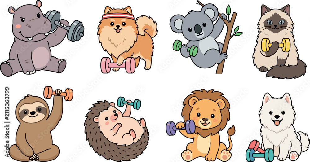 Fototapeta premium Cute Animal Fitness Characters Lifting Dumbbells Cartoon Vector Set Featuring Hippo Lion Koala Sloth Hedgehog Cat Dog and Pomeranian