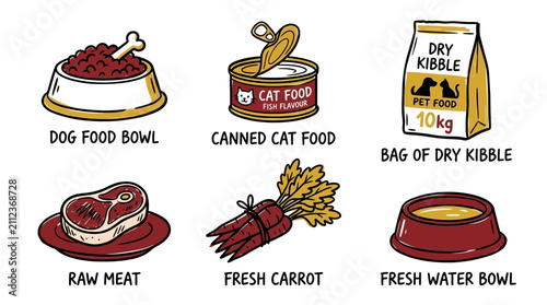 Hand Drawn Pet Food and Nutrition Doodle Icons Set