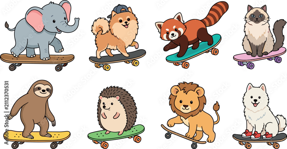 Fototapeta premium Cute Wild Animal Characters Riding Skateboards Cartoon Vector Set Featuring Elephant Lion Sloth Hedgehog Red Panda Cat Dog and Pomeranian