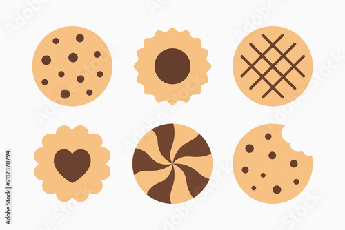 Minimal flat cookie icon set with chocolate chip, jam, waffle, heart, swirl and bitten biscuit. Modern bakery collection for menu, packaging, branding and web design.