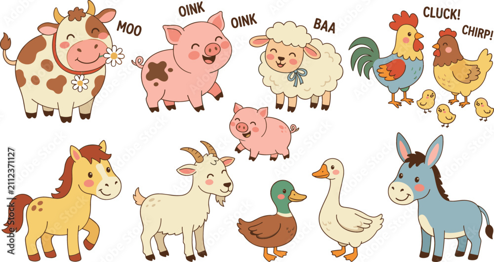 Obraz premium Cute Farm Animals Cartoon Illustration Set with Cow Pig Sheep Horse Goat Duck Donkey Sounds for Children Graphic Designs