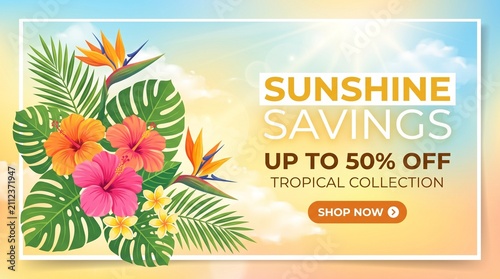 Bright Sunshine Retail Promotion Header with Tropical Flowers Minimal Summer Banner Design