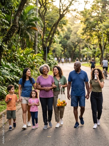 Three generations walking together in a green park with reusable bottles and fruit