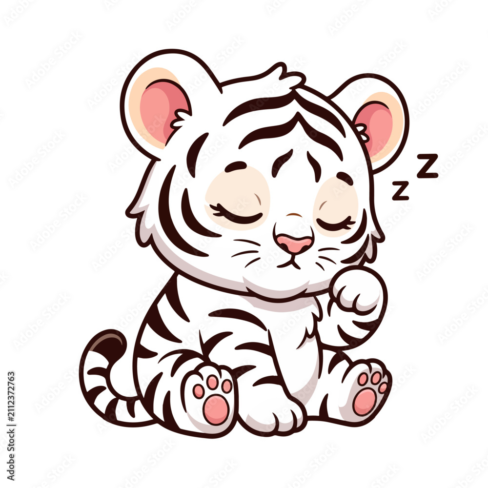 Fototapeta premium Sleeping Tiger Cub: A cute, cartoon-style white tiger cub with closed eyes and striped fur naps peacefully, with a sleepy Zzz symbol floating above its head.