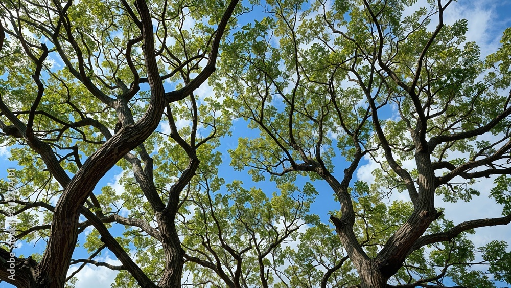 Obraz premium Looking up at trees with green leaves and a blue sky, showcasing the beauty of nature and the sky from the ground level.