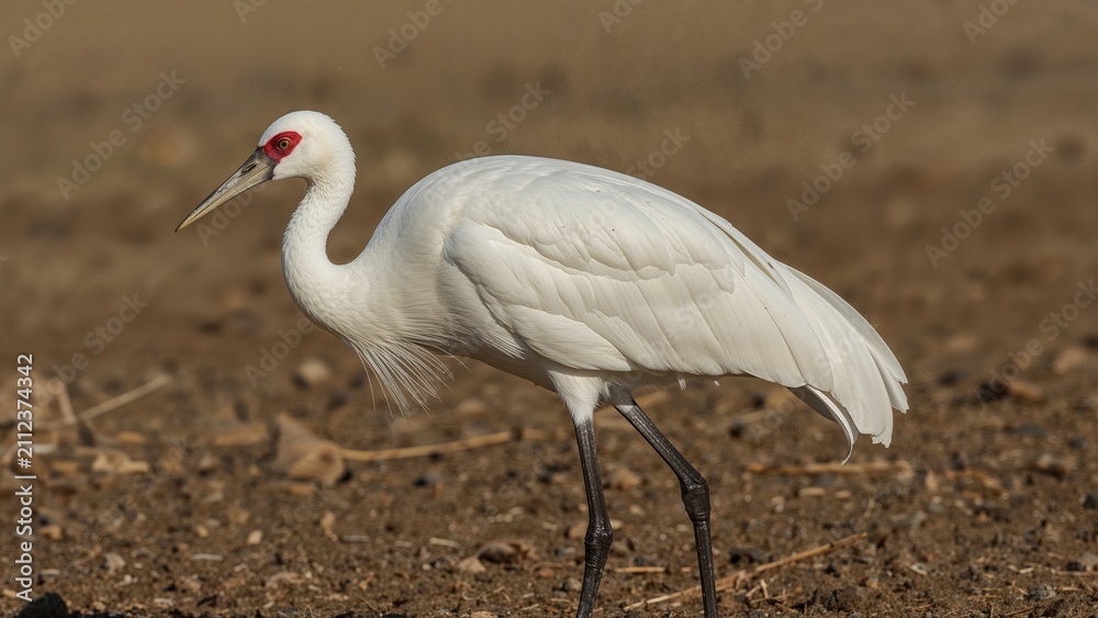 Fototapeta premium White crane bird standing on ground with a blurred natural background. Wildlife and bird photography, nature scene. The image captures elegance and wildlife.