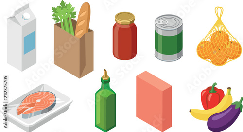 Isometric grocery and food collection featuring milk carton, shopping bag, canned goods, fresh produce, salmon, cooking oil, and household essentials vector icons