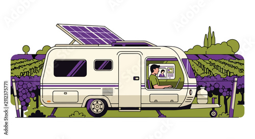 Camper van parked next to vineyard with solar panels for green energy