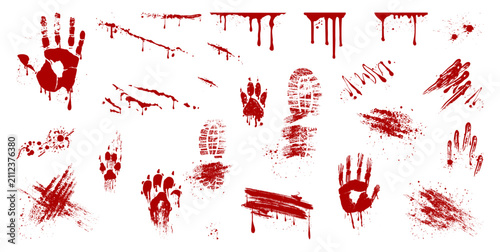 Blood elements set, isolated splashes and cuts, scratches and handprints. Vector palm marks, bloody drips and flows, scattered drops and fingerprints. Accident or crime scene simulations