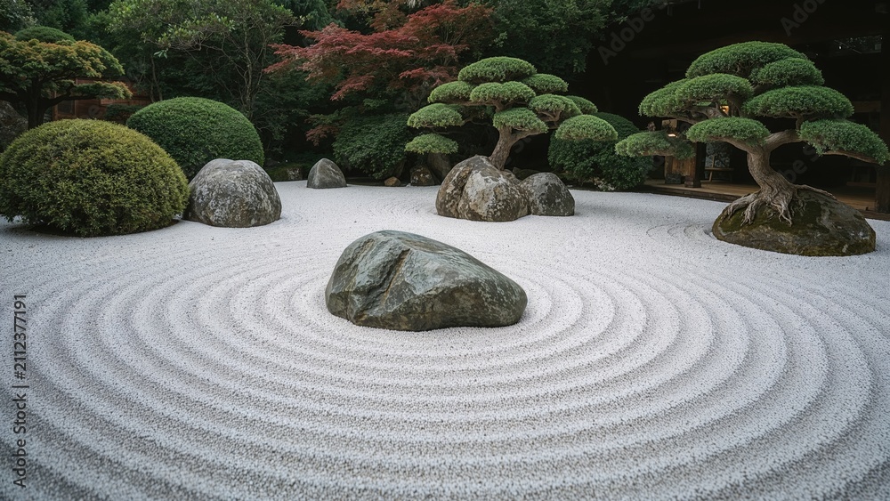 Obraz premium A traditional Japanese Zen garden featuring rocks, pruned trees, and a precisely raked gravel pattern.