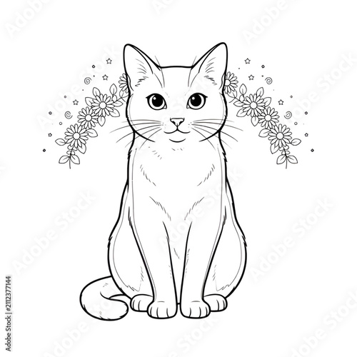 Sitting Cat with Daisy Flower Circle Vector - Black and White Coloring Page