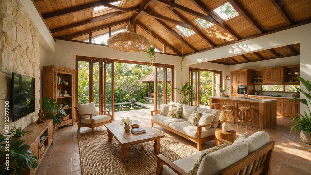 Fototapeta premium Balinese Resort Style Living Room and Kitchen Interior