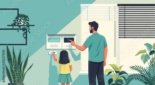 Young girl turning on light switch in a modern apartment interior