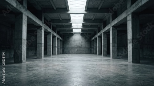 Empty warehouse featuring raw concrete architecture and natural skylight illumination providing a spacious backdrop for commercial use.