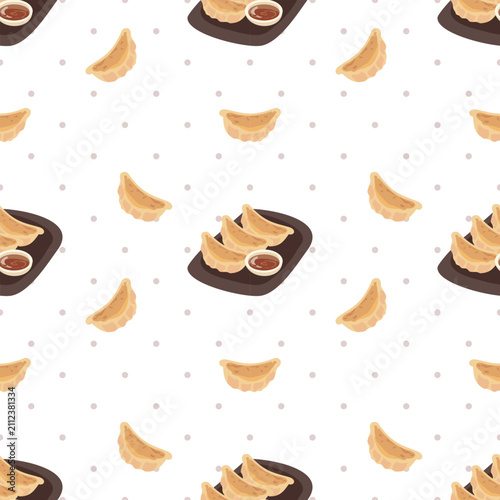 Cute gyoza dumpling seamless pattern, cartoon japanese asian food background on white