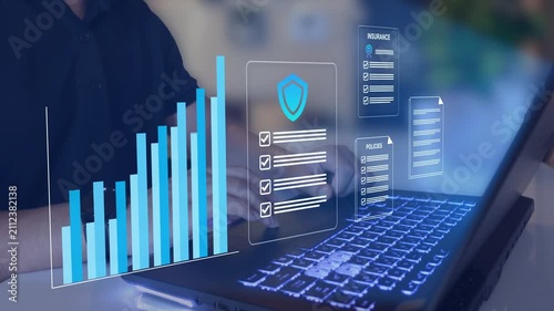 Digital insurance policy documents on laptop cybersecurity protection, risk management, compliance verification, data security, financial planning, corporate insurance solutions. 