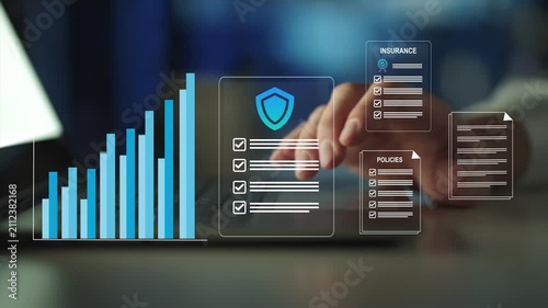 Digital insurance policy documents on laptop cybersecurity protection, risk management, compliance verification, data security, financial planning, corporate insurance solutions. 