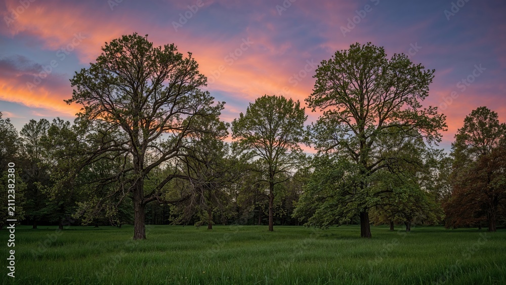 Naklejka premium A sunset sky with clouds over a park with large trees and green grass.