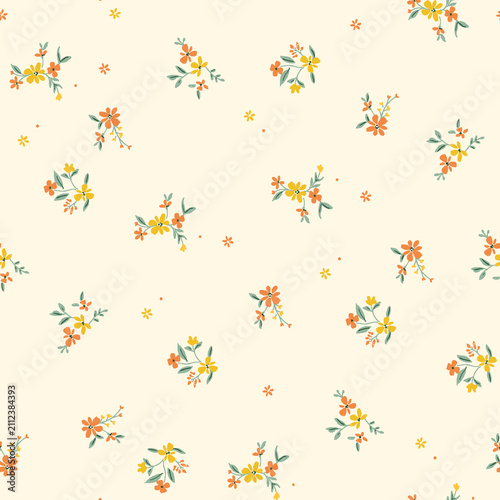 Abstract beautiful light yellow background with cute little ditsy floral seamless print pattern for summer 