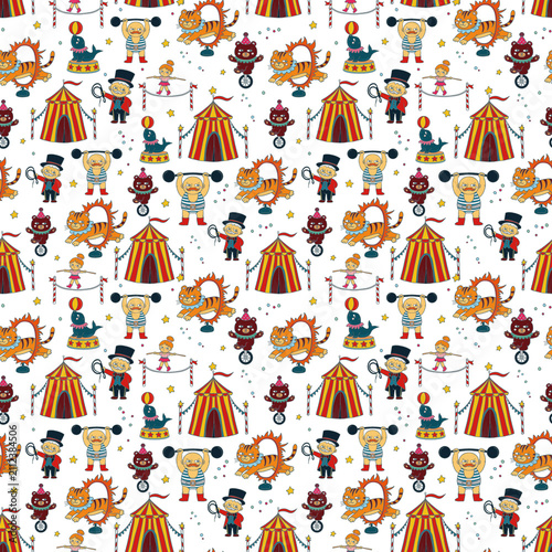Seamless circus pattern, circus tent, ringmaster, strongman, tiger, seal, bear and acrobat. Retro carnival repeat background. Perfect for wrapping, packaging, stationery, fabric and textile prints.