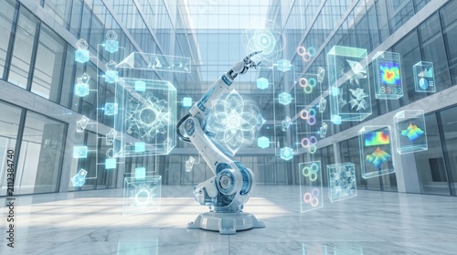 Robotic arm interacting with holographic data in modern building